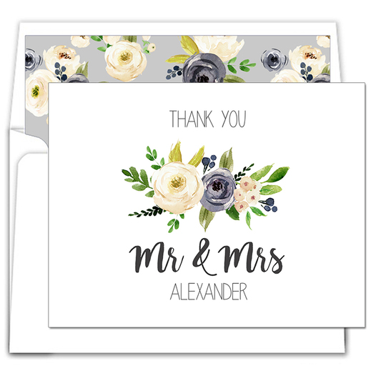 Gray and Ivory Roses Mr and Mrs Folded Thank You Note Cards